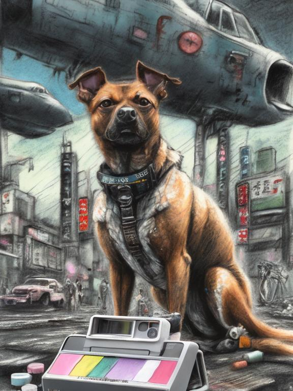 Prompt: chalk pastel art of a detailed dog with a polaroid camera on the streets in post-apocalyptic Japan during a festival with planes in the background, sketch, detailed background, highres, fun atmosphere, natural lighting,  abstract, fun