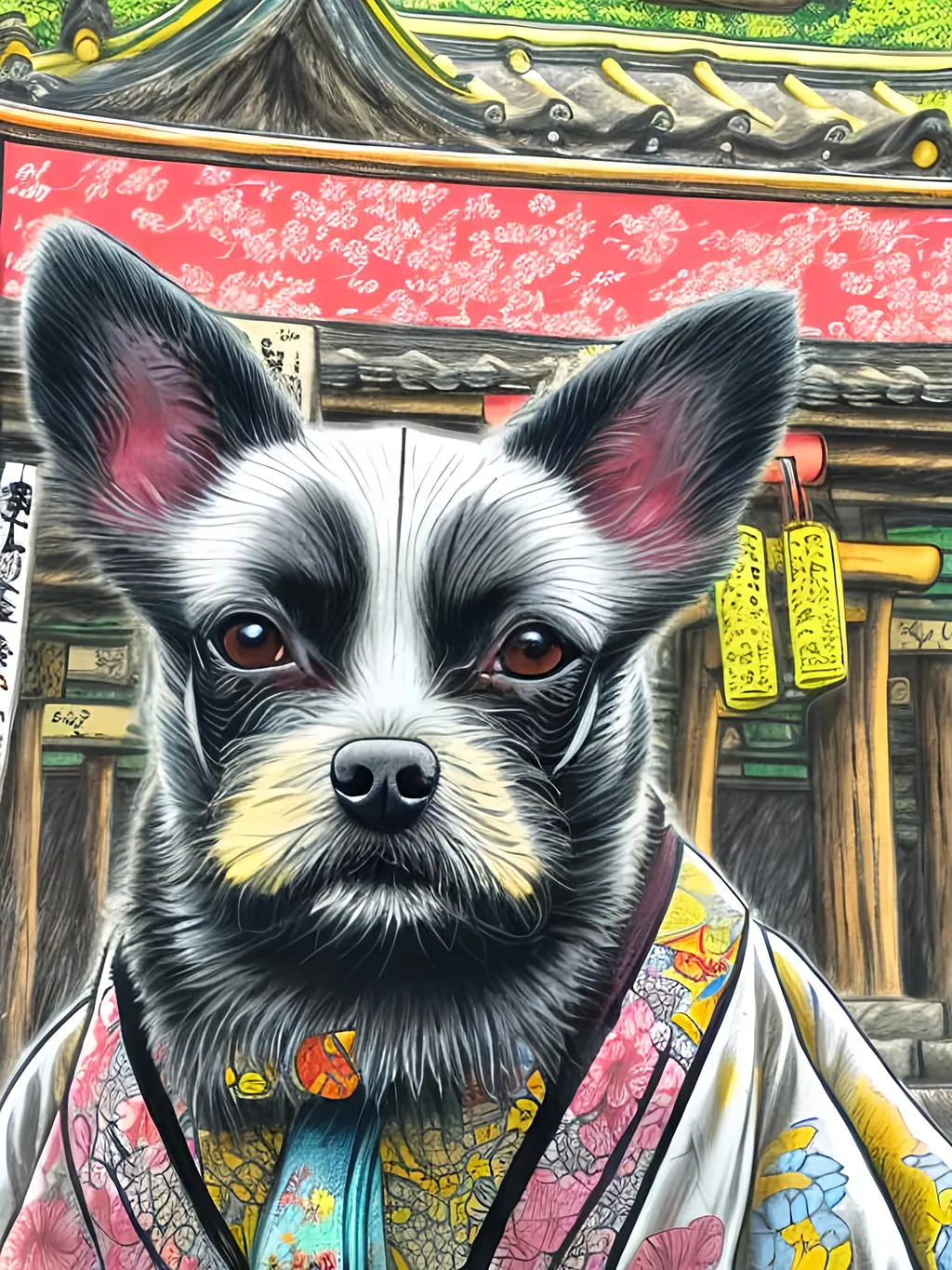 Prompt: pop art chalk pastel style of a  detailed dog in a kimono at a shrine, sketch, detailed background, highres, fun atmosphere, natural lighting,  abstract, fun