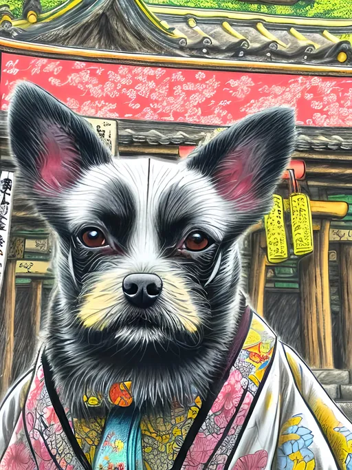 Prompt: pop art chalk pastel style of a  detailed dog in a kimono at a shrine, sketch, detailed background, highres, fun atmosphere, natural lighting,  abstract, fun