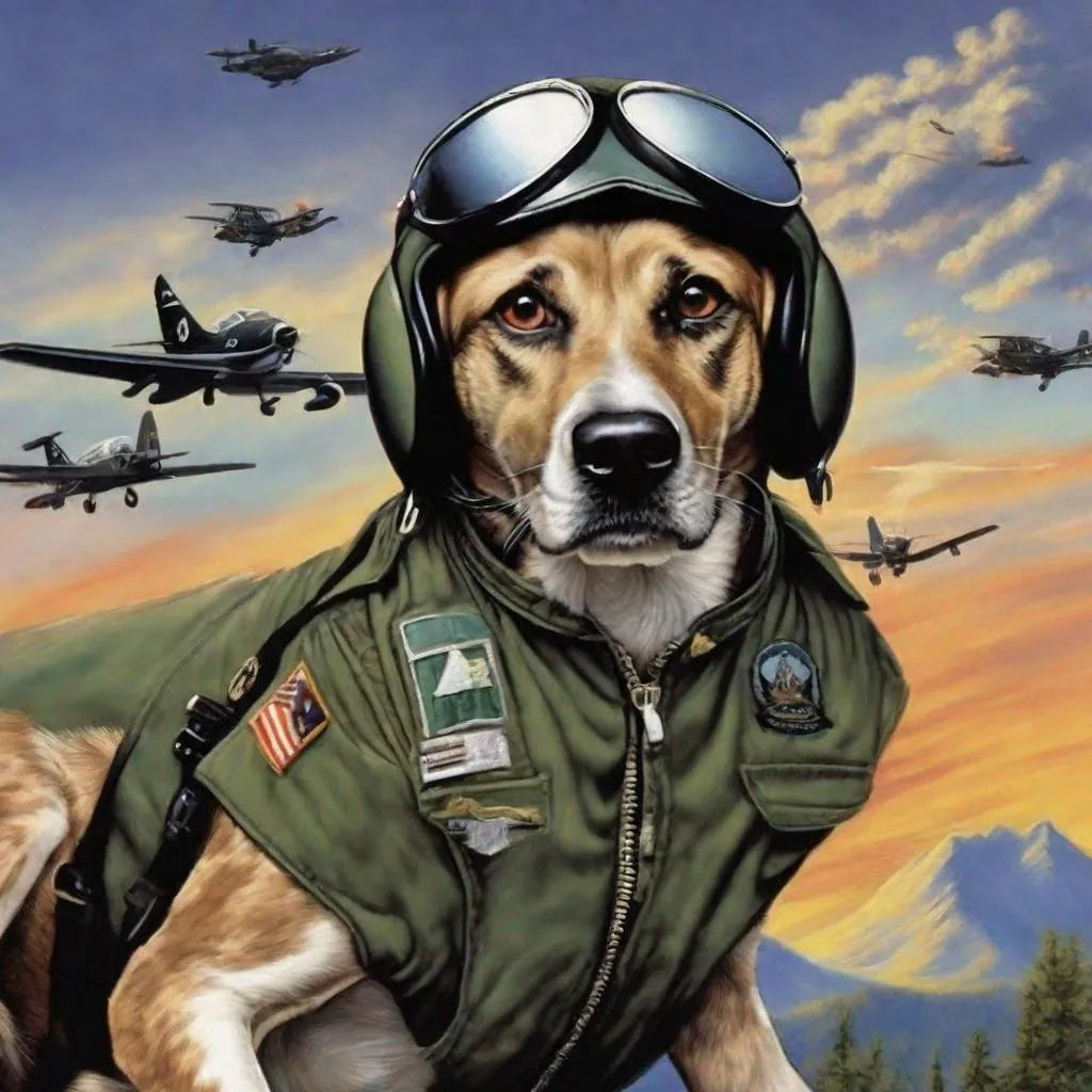 Prompt: mountain cur black dogs in pilots uniform 90s poster art