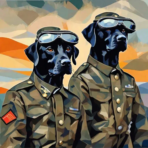 Prompt: mountain cur black dogs in pilot uniform abstract art