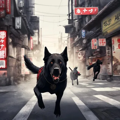 Prompt: a black dog wearing soldier clothes chasing a chicken in the streets in japan, sketch, detailed background, highres, fun atmosphere, natural lighting, pastel colors, abstract, fun