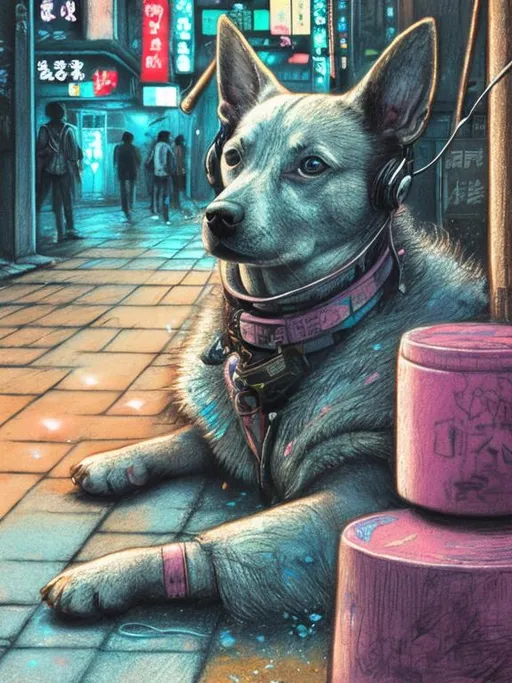 Prompt: chalk pastel art of a detailed dog listening to music on the streets in cyberpunk japan during a festival, sketch, detailed background, highres, fun atmosphere, natural lighting,  abstract, fun