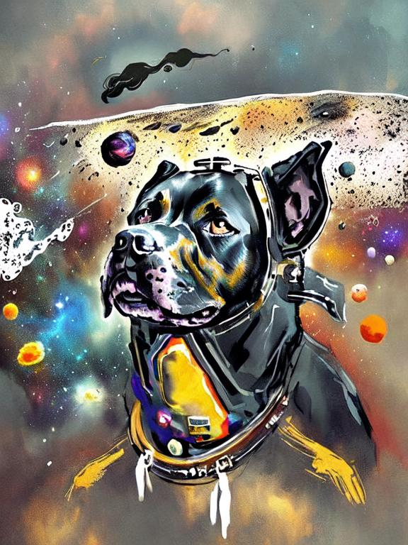 Prompt: Surrealism black dogs in cowboy outfits in space, abstract art style, cowboy hat, fun atmosphere, floating celestial bodies, mysterious nebulae, dreamlike, surreal, high contrast, otherworldly, abstract, space, astronaut, fun atmosphere, celestial bodies, dreamlike, surreal, high contrast, mysterious, nebulae, dogs, Pro trump clothing