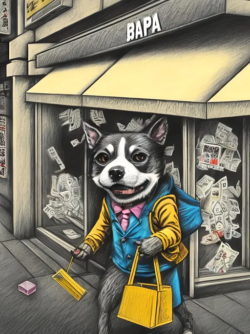 Prompt: pop art chalk pastel art of detailed dog robbing a bank in Japan, sketch, detailed background, highres, fun atmosphere, natural lighting,  abstract, fun