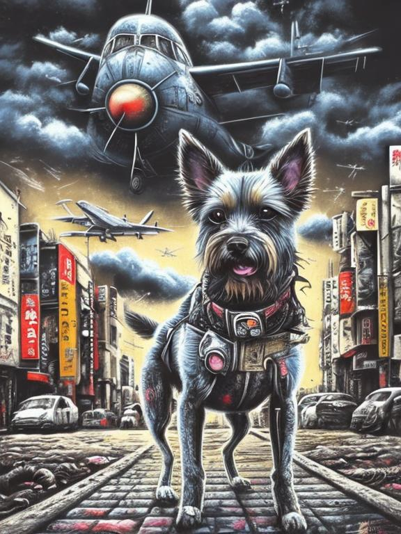 Prompt: pop art chalk pastel art of a detailed dog on the streets in post-apocalyptic Japan during a festival with planes in the background, sketch, detailed background, highres, fun atmosphere, natural lighting,  abstract, fun