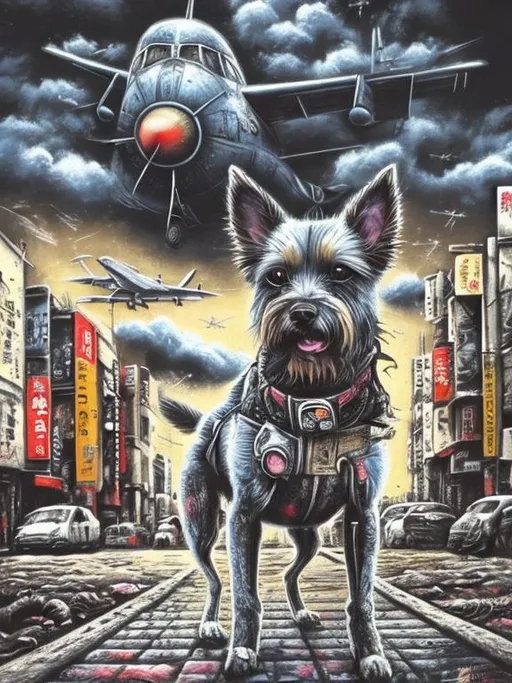 Prompt: pop art chalk pastel art of a detailed dog on the streets in post-apocalyptic Japan during a festival with planes in the background, sketch, detailed background, highres, fun atmosphere, natural lighting,  abstract, fun