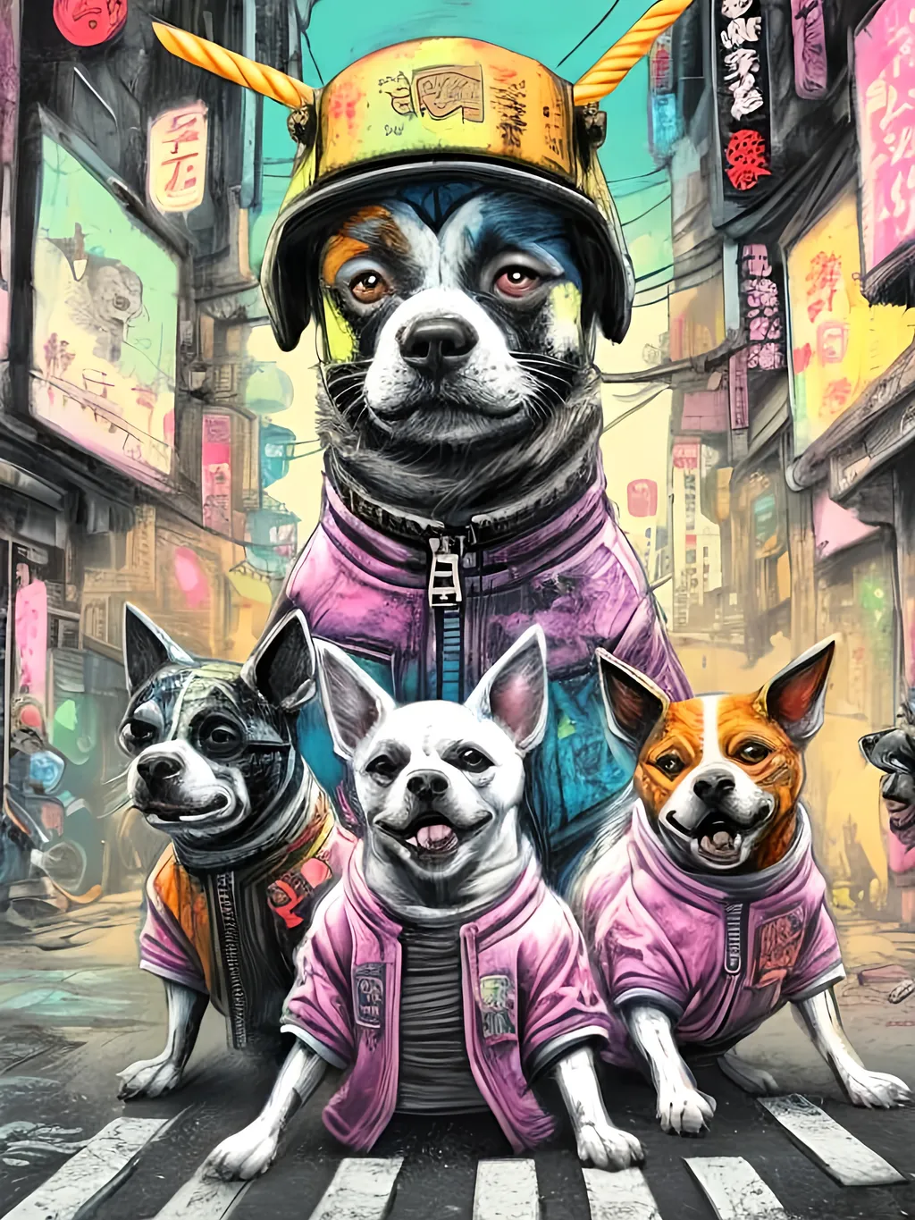 Prompt: pop art chalk pastel art of detailed dogs wearing gangster clothes playing in the streets in cyberpunk japan during a festival, sketch, detailed background, highres, fun atmosphere, natural lighting,  abstract, fun