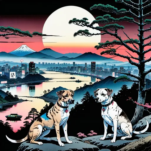 Prompt: black mountain cur dogs in cyberpunk hiroshige