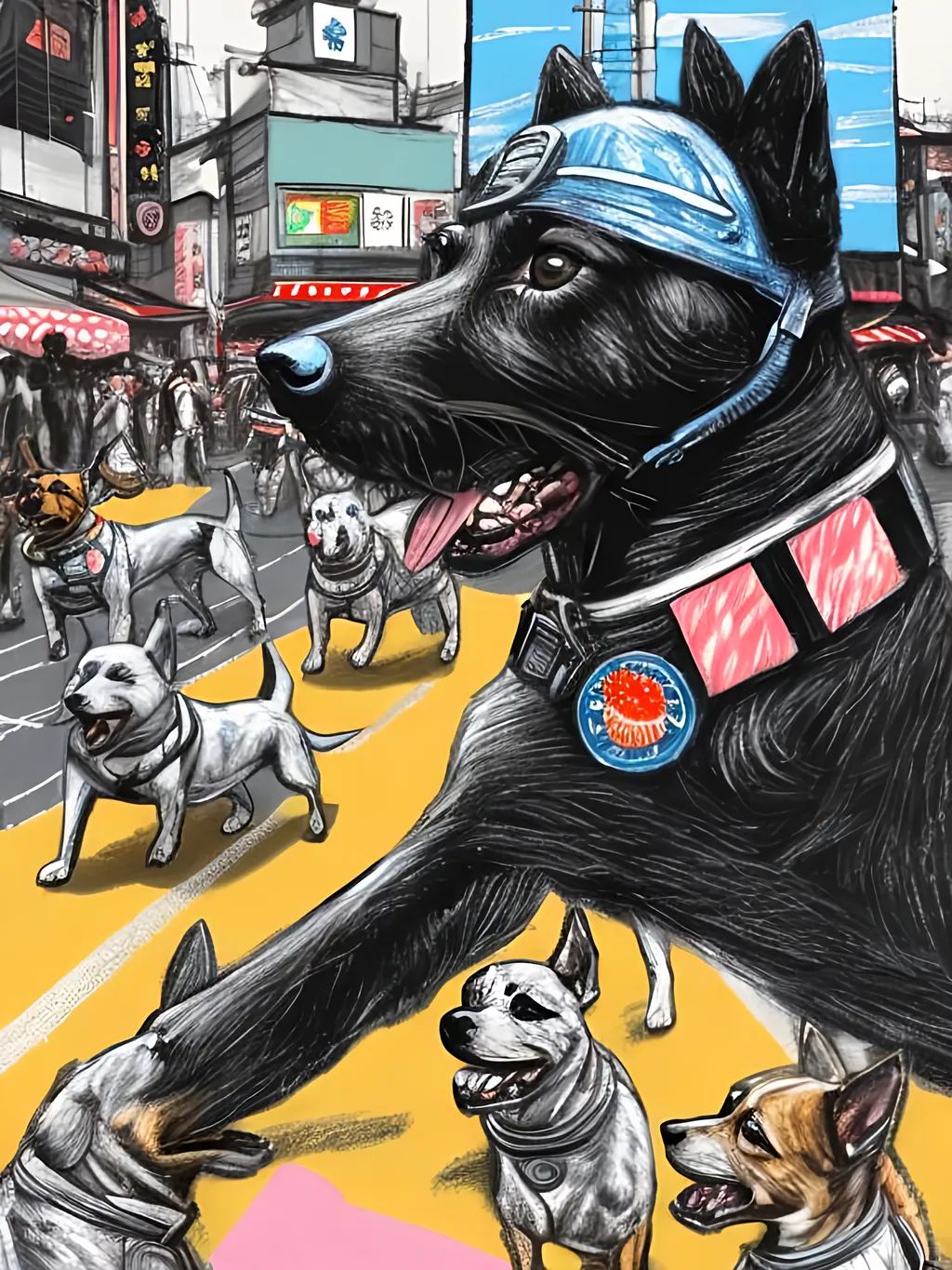 Prompt: pop art chalk pastel art of detailed dogs wearing pilot uniforms playing in the streets in japan during a festival, sketch, detailed background, highres, fun atmosphere, natural lighting,  abstract, fun