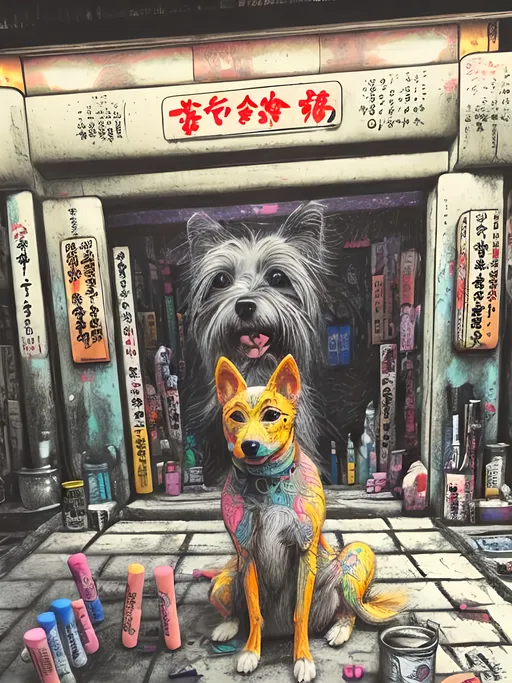 Prompt: pop art chalk pastel art of detailed dog at a shrine in cyberpunk japan, sketch, detailed background, highres, fun atmosphere, natural lighting,  abstract, fun