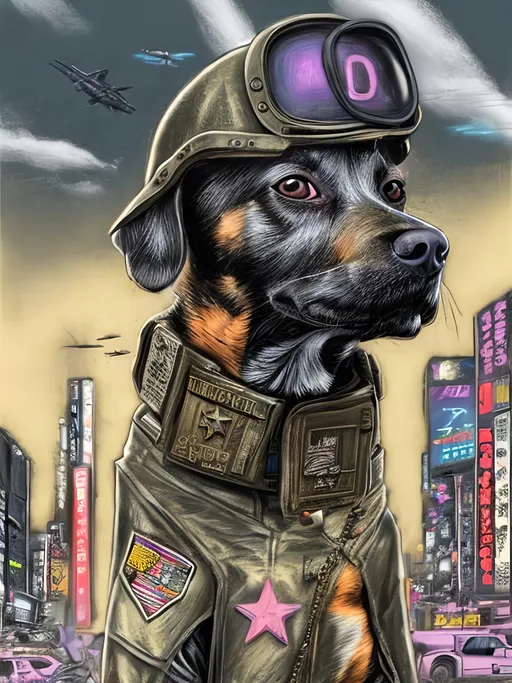 Prompt: pop art chalk pastel art of a detailed dog wearing a military uniform on the streets in cyberpunk japan during a festival with planes in the background, sketch, detailed background, highres, fun atmosphere, natural lighting,  abstract, fun