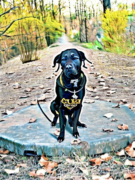 Prompt: mountain cur black dogs in gangster rappers clothing 