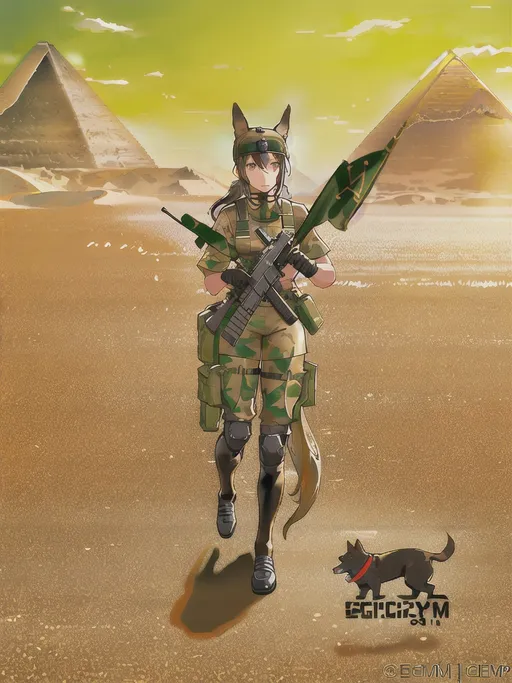 Prompt: black mountain cur dog in military gear in egypt