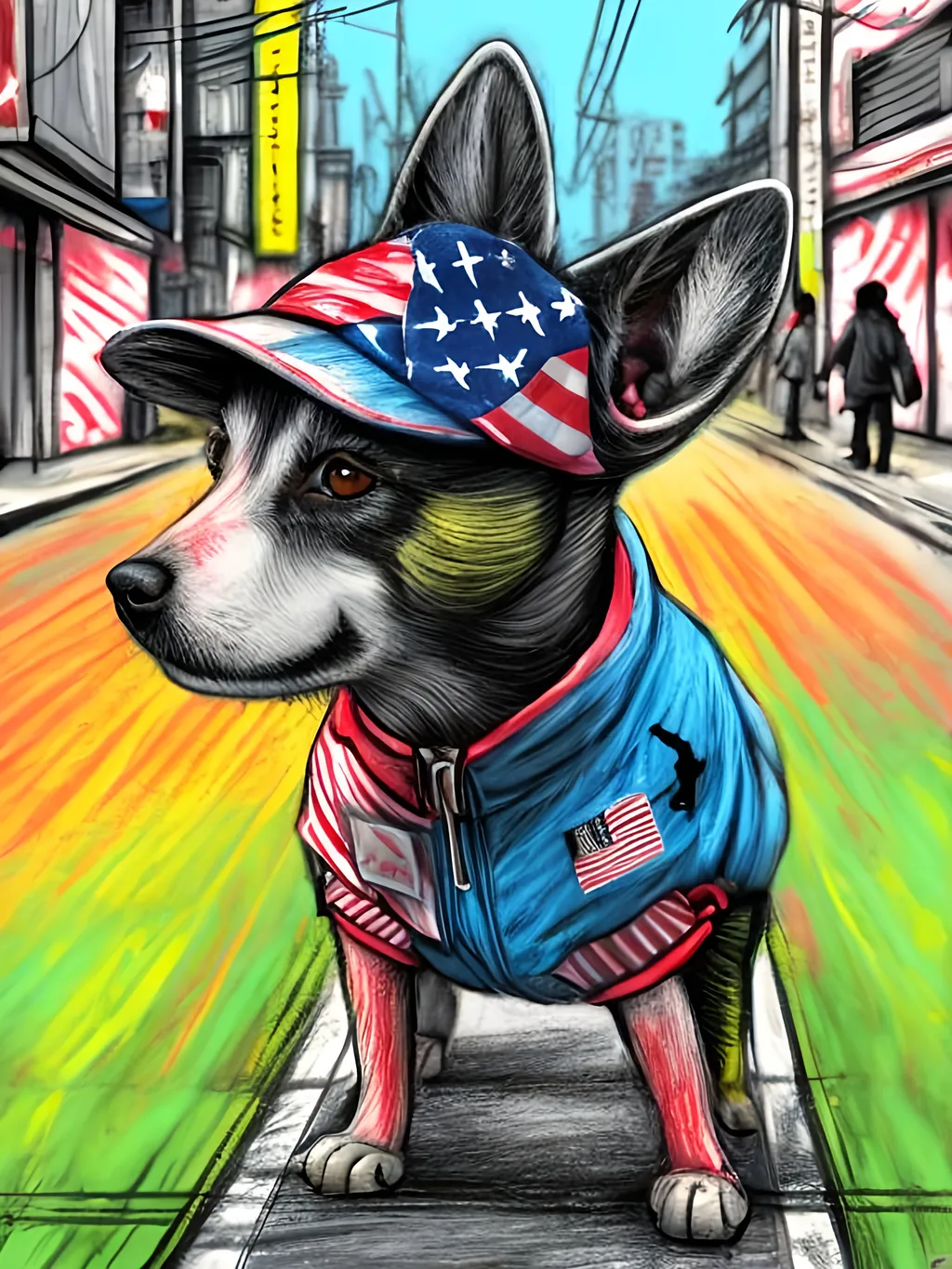 Prompt: pop art chalk pastel art of detailed dog wearing usa clothes playing in the streets in dystopian japan during a festival, sketch, detailed background, highres, fun atmosphere, natural lighting,  abstract, fun