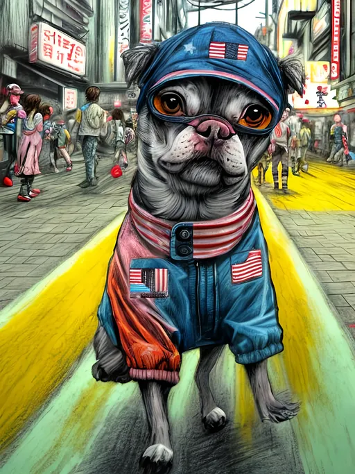 Prompt: pop art chalk pastel art of detailed dog wearing usa clothes playing in the streets in dystopian japan during a festival, sketch, detailed background, highres, fun atmosphere, natural lighting,  abstract, fun