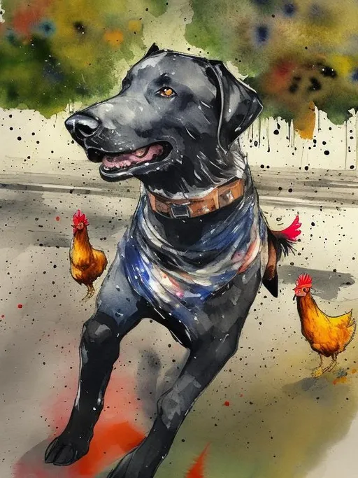 Prompt: a black dog wearing clothes chasing a chicken in the streets, same style as image, water color, sketch