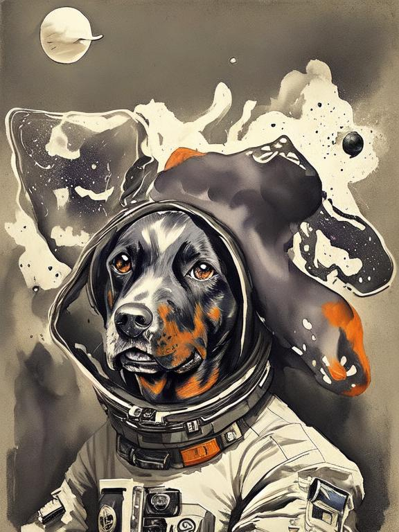 Prompt: Surrealism black dogs in cowboy outfits in space, abstract art style, cowboy hat, eerie atmosphere, floating celestial bodies, mysterious nebulae, dreamlike, surreal, high contrast, otherworldly, abstract, space, astronaut, fun atmosphere, celestial bodies, dreamlike, surreal, high contrast, mysterious, nebulae, dogs