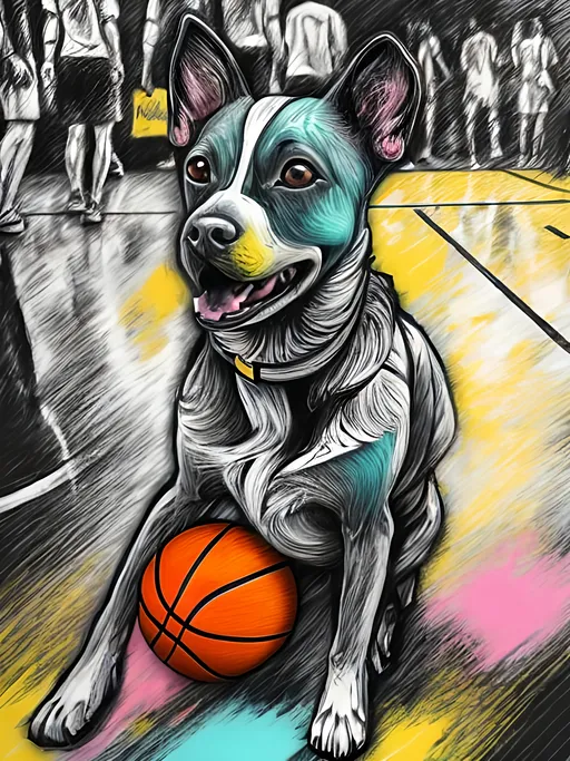 Prompt: pop art chalk pastel art of detailed dog at a basket ball game in cyberpunk japan, sketch, detailed background, highres, fun atmosphere, natural lighting,  abstract, fun