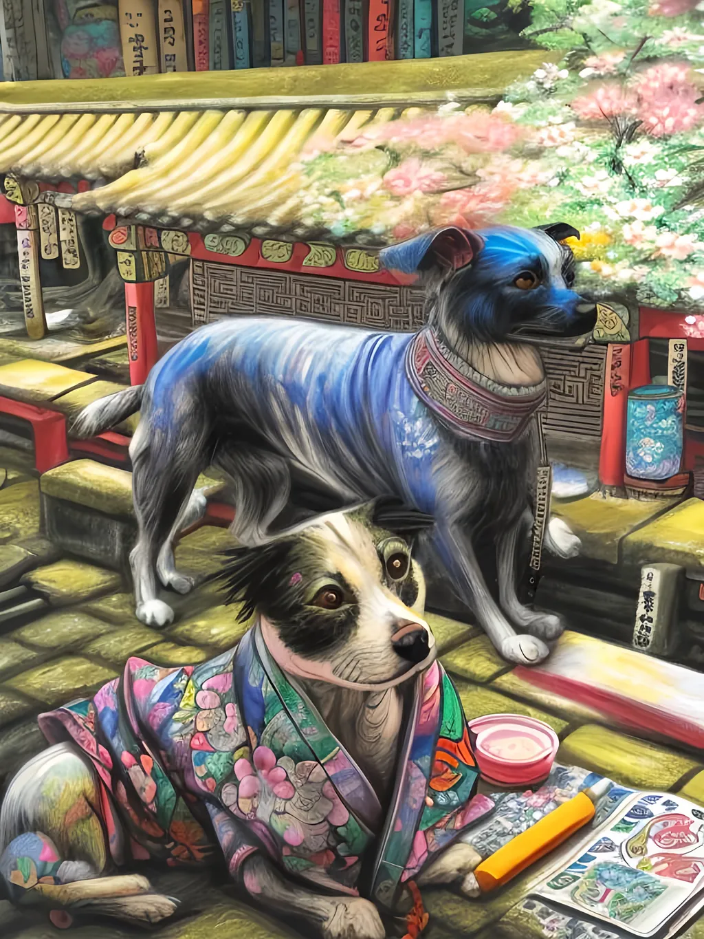 Prompt: pop art chalk pastel style of a  detailed dog in a kimono at a shrine, sketch, detailed background, highres, fun atmosphere, natural lighting,  abstract, fun