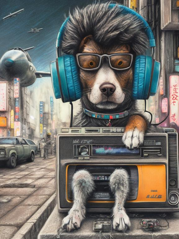 Prompt: chalk pastel art of a detailed dog listening to music on a tape player on the streets in post-apocalyptic Japan during a festival with planes in the background, sketch, detailed background, highres, fun atmosphere, natural lighting,  abstract, fun