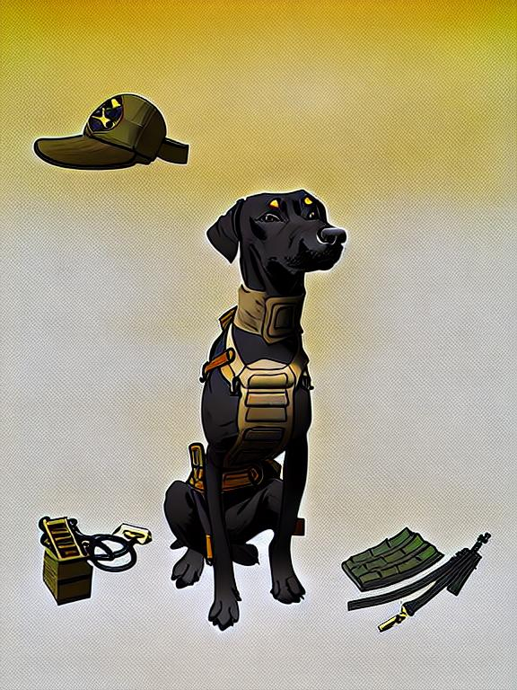 Prompt: black mountain cur dog in military gear in egypt