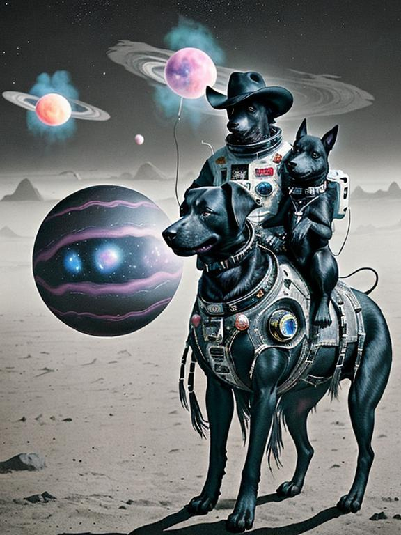 Prompt: Surrealism black dogs in cowboy outfits in space, abstract art style, cowboy hat, eerie atmosphere, floating celestial bodies, mysterious nebulae, dreamlike, surreal, high contrast, otherworldly, abstract, space, astronaut, eerie atmosphere, celestial bodies, dreamlike, surreal, high contrast, mysterious, nebulae, dogs