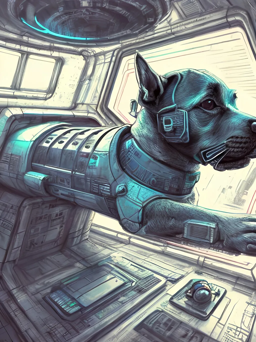 Prompt: chalk pastel style of a  detailed dog in a cyberpunk spaceship, sketch, detailed background, highres, fun atmosphere, natural lighting,  abstract, fun