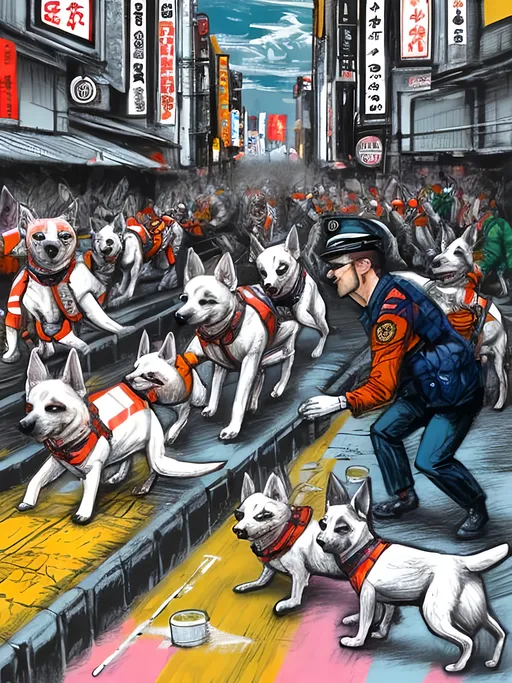 Prompt: pop art chalk pastel art of detailed dogs wearing pilot uniforms playing in the streets in japan during a festival, sketch, detailed background, highres, fun atmosphere, natural lighting,  abstract, fun