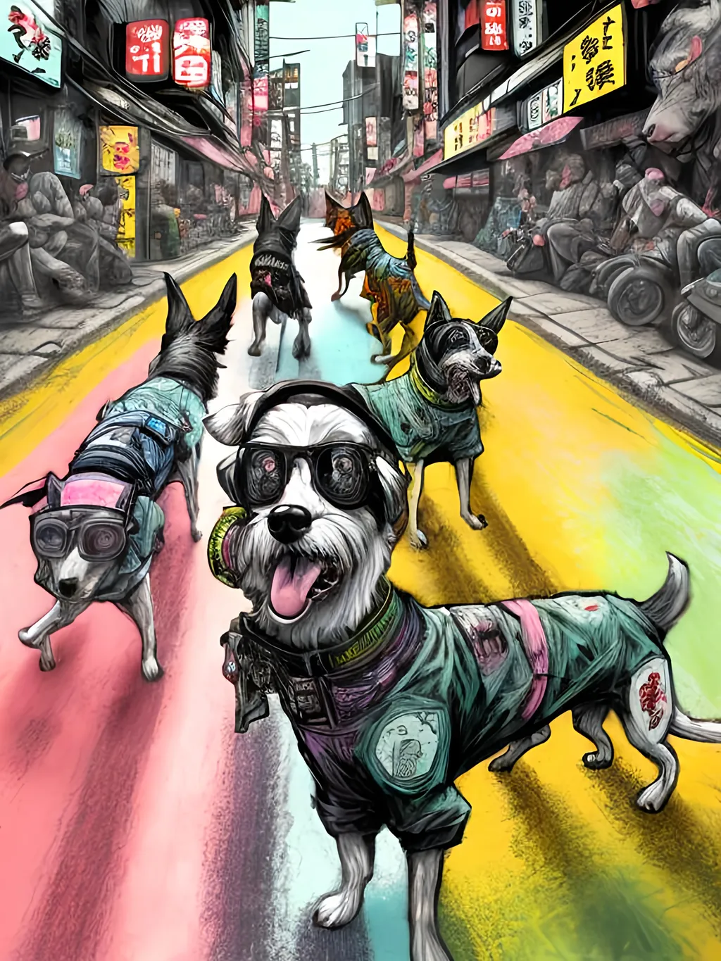 Prompt: pop art chalk pastel art of detailed dogs wearing gangster clothes playing in the streets in cyberpunk japan during a festival, sketch, detailed background, highres, fun atmosphere, natural lighting,  abstract, fun
