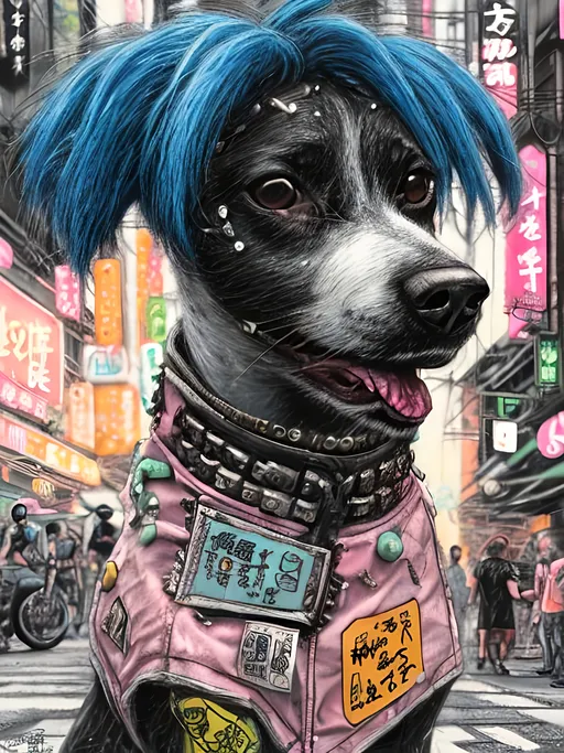 Prompt: chalk pastel art of a detailed dog wearing punk clothes in the streets in cyberpunk japan during a festival, sketch, detailed background, highres, fun atmosphere, natural lighting,  abstract, fun