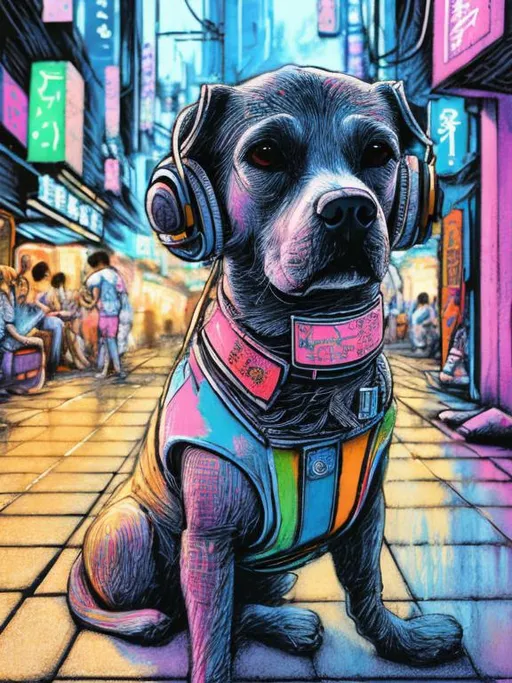 Prompt: pop art chalk pastel art of a detailed dog listening to music on the streets in cyberpunk japan during a festival, sketch, detailed background, highres, fun atmosphere, natural lighting,  abstract, fun