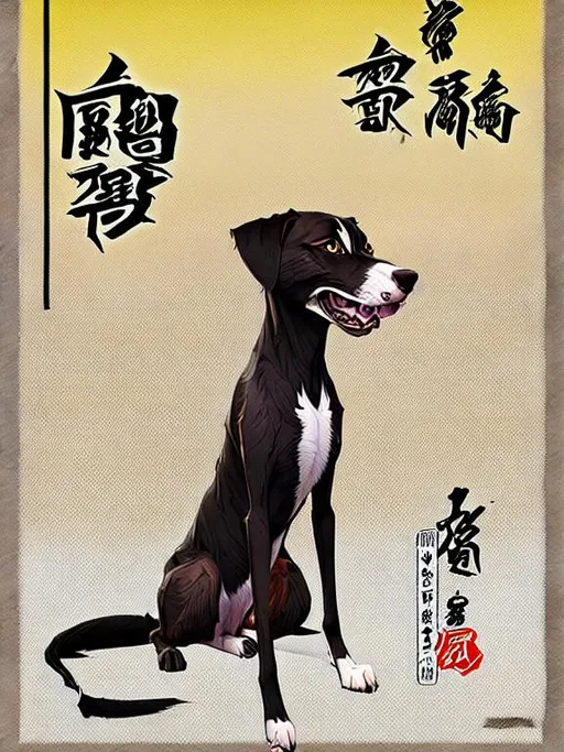 Prompt: black mountain cur dog in yakuza outfit 90s poster