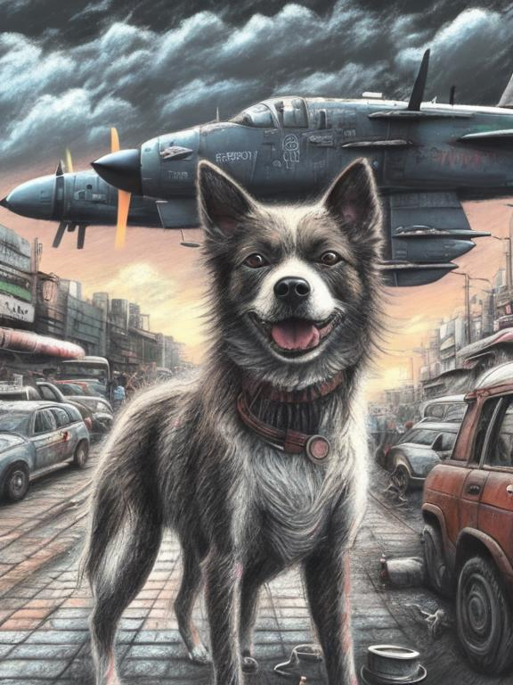 Prompt: chalk pastel art of a detailed dog on the streets in post-apocalyptic Japan during a festival with planes in the background, sketch, detailed background, highres, fun atmosphere, natural lighting,  abstract, fun