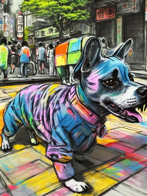 Prompt: pop art chalk pastel art of detailed dogs wearing clothes playing in the streets in japan during a festival, sketch, detailed background, highres, fun atmosphere, natural lighting,  abstract, fun