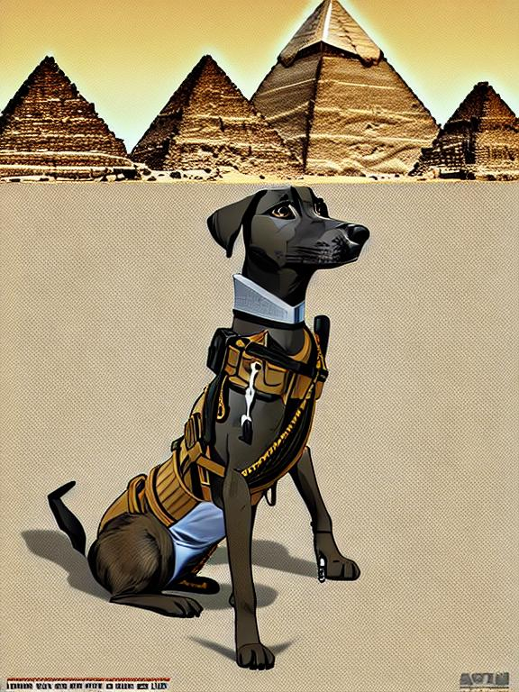 Prompt: black mountain cur dog in military gear in egypt 90s poster