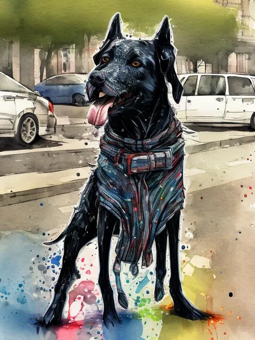 Prompt: a black dog wearing clothes having fun in the streets, water color, sketch, detailed background, highres