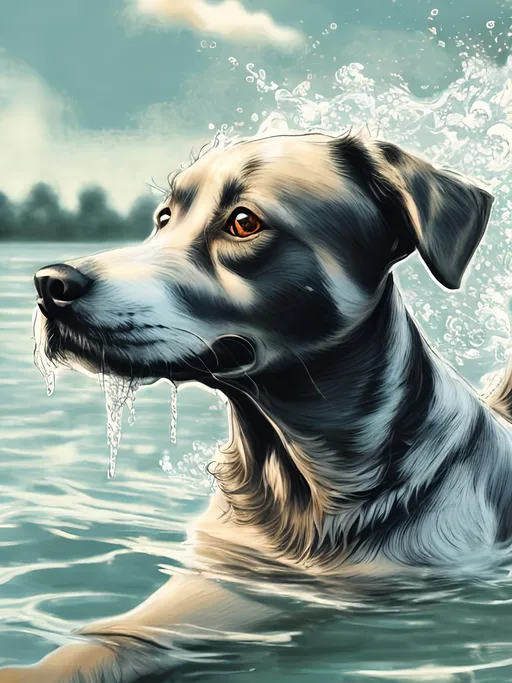 Prompt: chalk pastel style of a detailed dog swimming, sketch, detailed background, highres, fun atmosphere, natural lighting,  abstract, fun