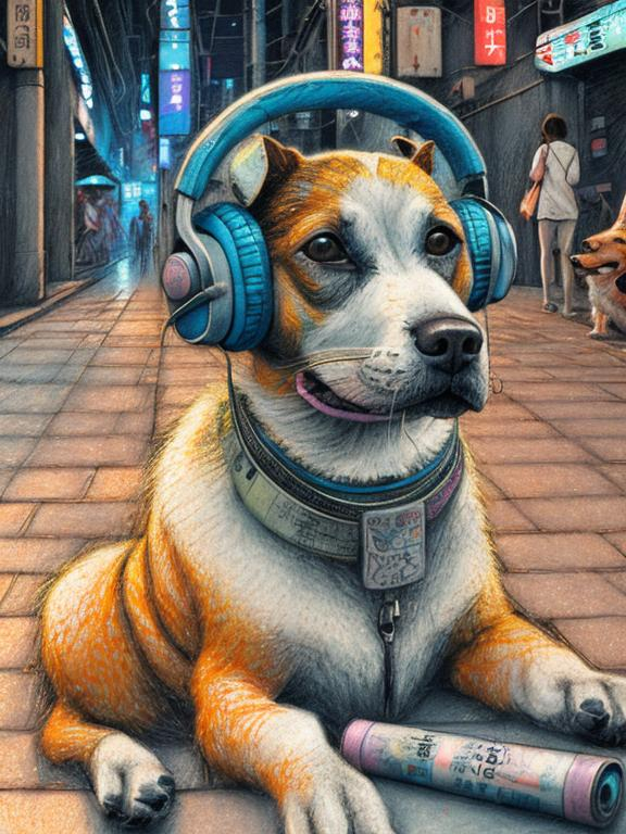 Prompt: chalk pastel art of a detailed dog listening to music on the streets in cyberpunk japan during a festival, sketch, detailed background, highres, fun atmosphere, natural lighting,  abstract, fun