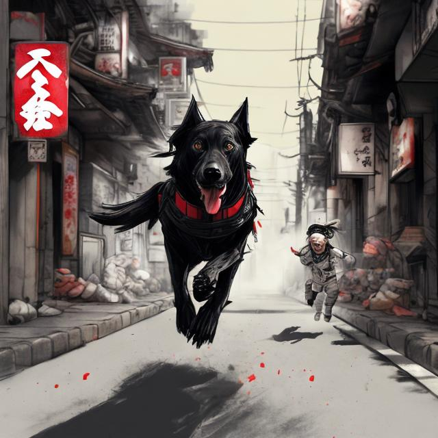 Prompt: sketch art of a black dog wearing soldier clothes chasing a chicken in the streets in japan, sketch, detailed background, highres, fun atmosphere, natural lighting, pastel colors, abstract, fun