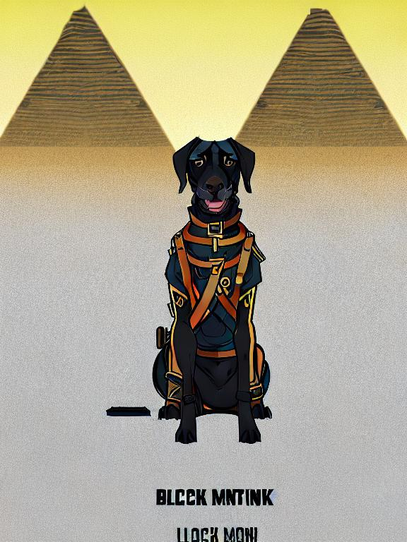 Prompt: black mountain cur dog in military gear in egypt 90s poster