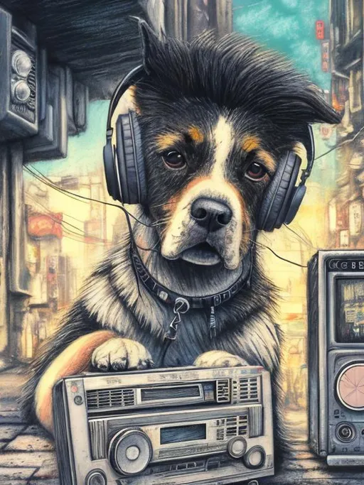 Prompt: chalk pastel art of a detailed dog listening to music on a tape player on the streets in post-apocalyptic Japan during a festival with planes in the background, sketch, detailed background, highres, fun atmosphere, natural lighting,  abstract, fun