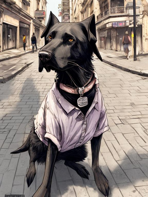 Prompt: a black dog wearing clothes having fun in the streets, sketch, detailed background, highres, fun atmosphere, natural lighting, pastel colors