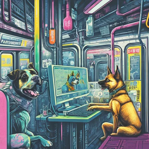 Prompt: pop art chalk pastel art of a detailed dog hacking a computer on the subway train in cyberpunk japan with planes in the background, sketch, detailed background, highres, fun atmosphere, natural lighting,  abstract, fun