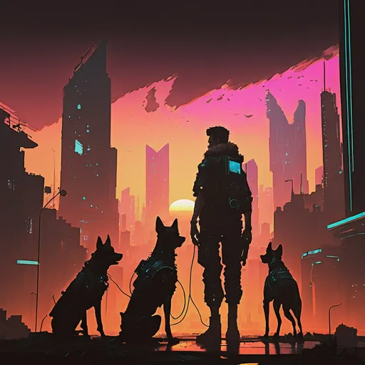 Prompt: sunset cyberpunk city with dogs
