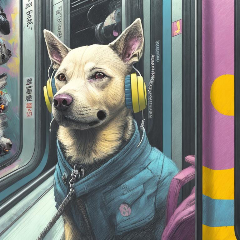 Prompt: pop art chalk pastel art of a detailed dog listening to music on the subway train in cyberpunk japan with planes in the background, sketch, detailed background, highres, fun atmosphere, natural lighting,  abstract, fun