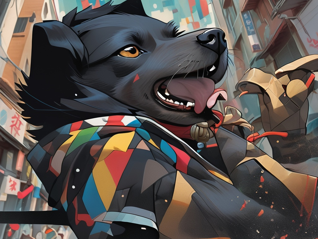 Prompt: black dog wearing ninja clothes having fun in the streets with a battle in the background, dogs, abstract art, Screen print, digital art, 8k resolution trending on Artstation, golden ratio, akira, rule of thirds, geometric bauhaus, Studio Ghibli, Anime Key Visual, by Makoto Shinkai, Deep Color, Intricate, 8k resolution concept art, Natural Lighting, Beautiful Composition