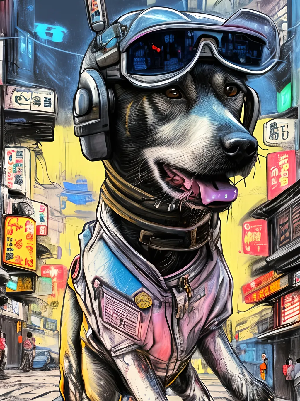 Prompt: pop art chalk pastel art of a detailed dog wearing a pilot uniform playing in the streets in cyberpunk japan during a festival, sketch, detailed background, highres, fun atmosphere, natural lighting,  abstract, fun