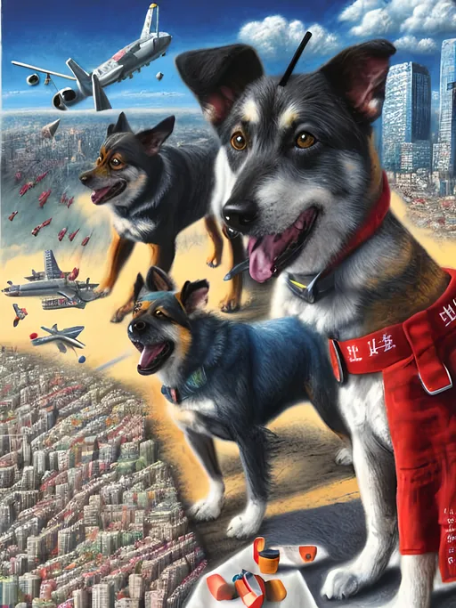 Prompt: Detailed chalk pastel of a dogs in soldier uniforms, detailed background of tokyo japan with airplanes, highres, natural lighting, happy, fun, lively atmosphere