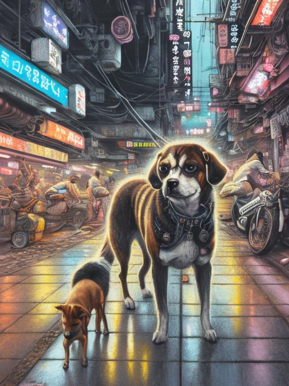 Prompt: chalk pastel art of a detailed dog on the streets in cyberpunk japan during a festival with planes in the background, sketch, detailed background, highres, fun atmosphere, natural lighting,  abstract, fun